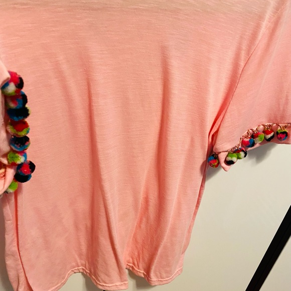 Shein Pink Pom Pom Trimmed Sleeve Tee Shirt - Picture 7 of 15